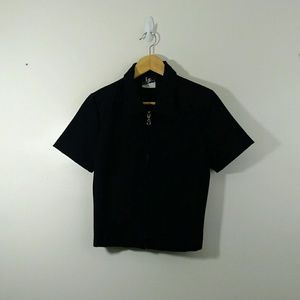 IZ California Black Zip-up Short-sleeve Blouse